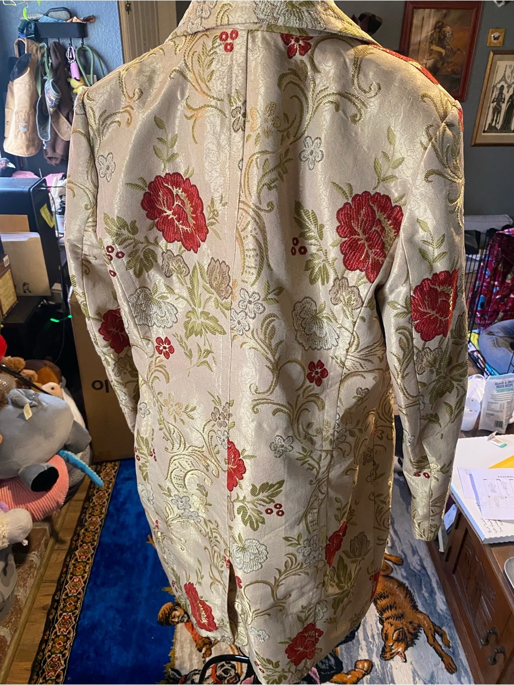 Gold Floral Brocade Coat with Red Accents - Women's Jacket - Picture 2 of 3